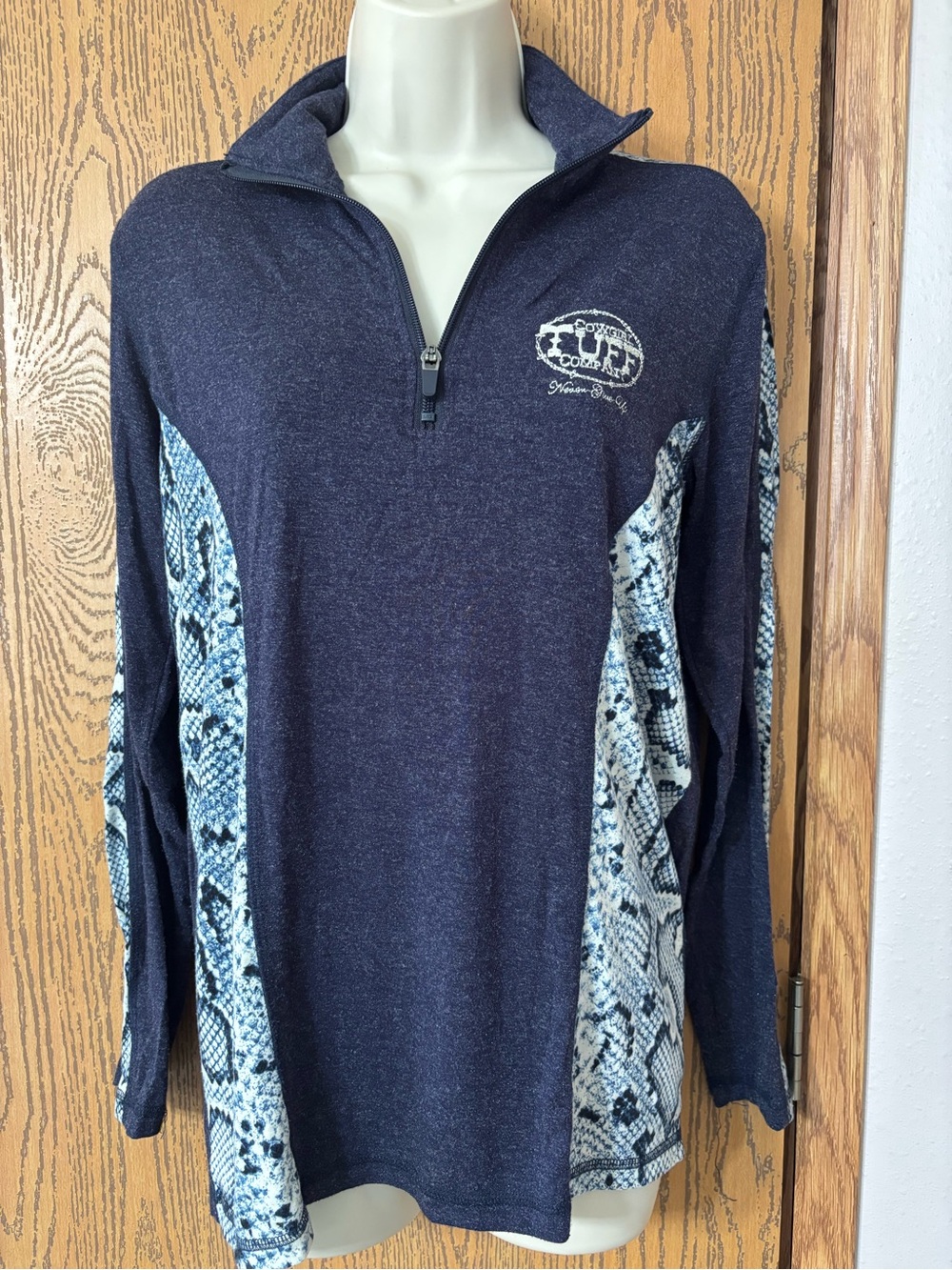 Woman’sNavy Half-Zip Pullover Sweater with Snake-Print Panels